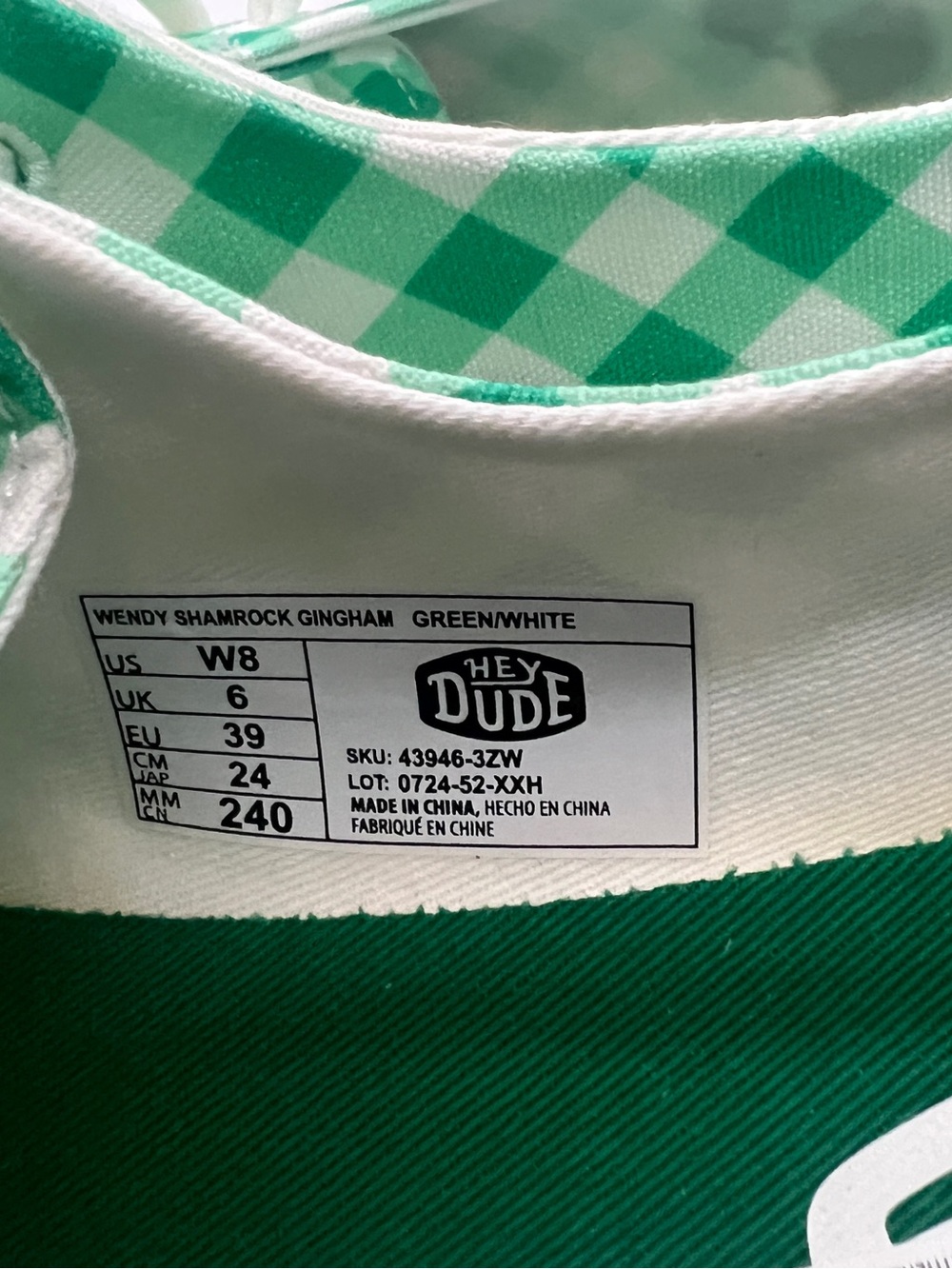 Hey Dude Wendy Shamrock Gingham Green White Slip On Loafers 43946-3ZW Womens 8 - Picture 6 of 7